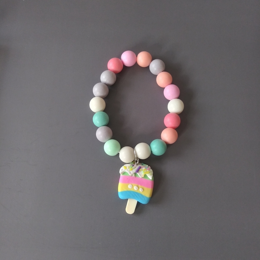 Colorful Beaded Bracelet with Rainbow Popsicle Charm 7" Elastic